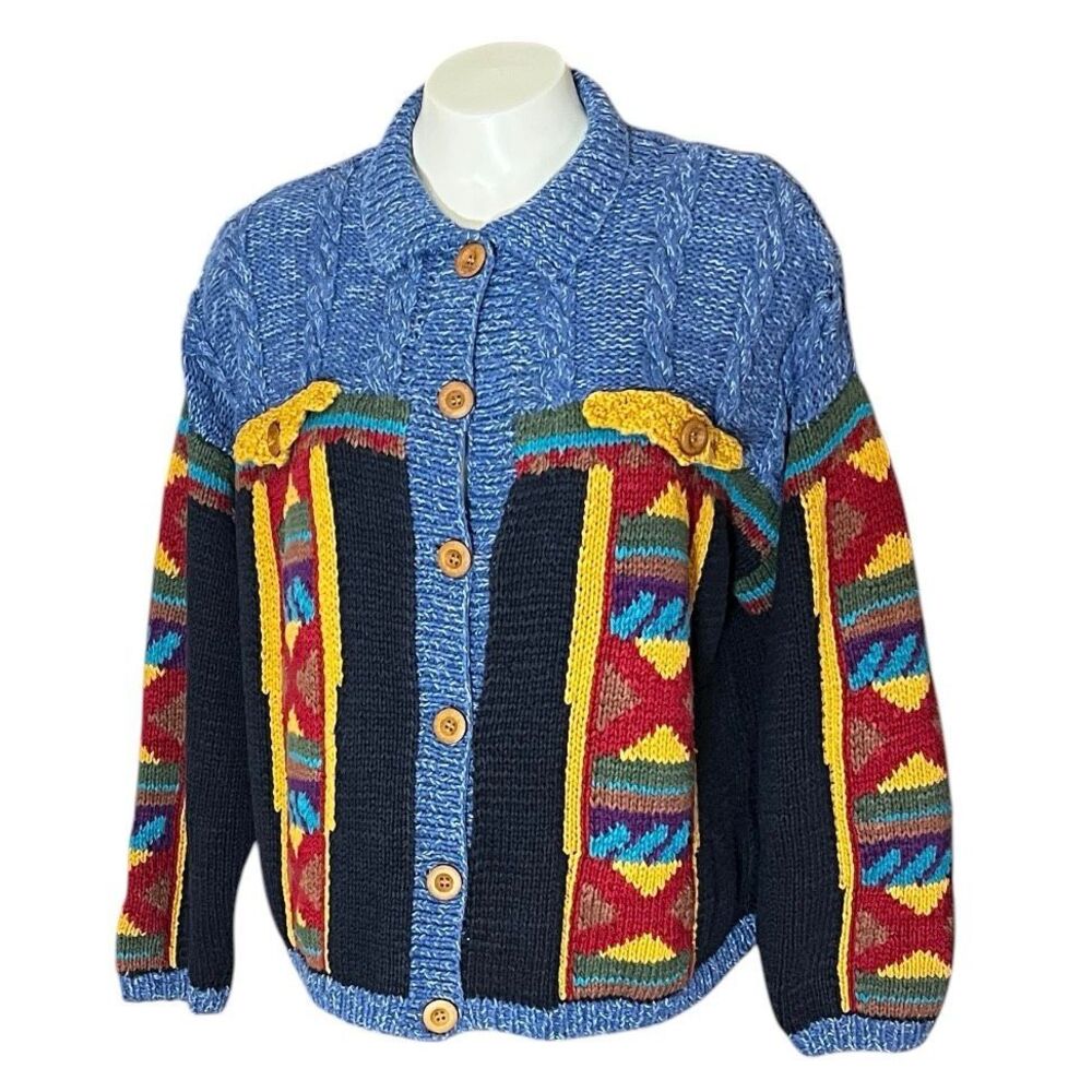 RTW Vintage Ramie Cotton Aztec Print‎ Button Down Sweater